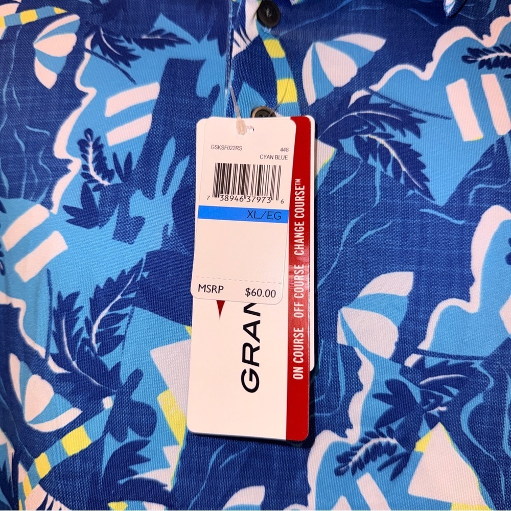 Grand Slam Performance Polo Shirt XL Blue Tropical Print Stretch Golf NWT - Picture 8 of 10
